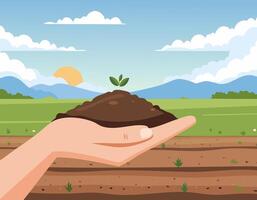 Hand holding soil and plant in field with sky and sun background vector