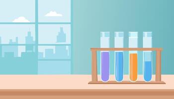 A laboratory with test tubes and a cityscape in the background vector