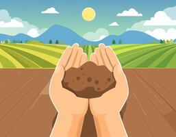 Two hands holding a piece of dirt in front of a field vector