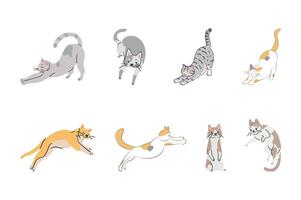 Feline Gymnastics A delightful array of playful cats in various animated poses showcasing flexibility and agility in a light cartoon-style illustration vector