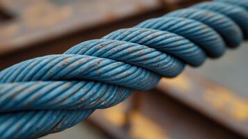 Close-up of twisted blue rope with rust spots. photo
