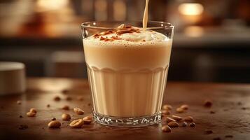 Creamy beverage topped with nuts in a glass. photo