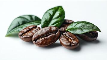 Coffee beans with green leaves on a white background. closeup hot photo