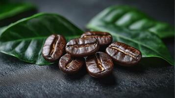 Coffee beans on green leaves, showcasing freshness and rich photo