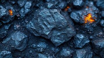 Close-up of dark rocks with glowing elements. photo