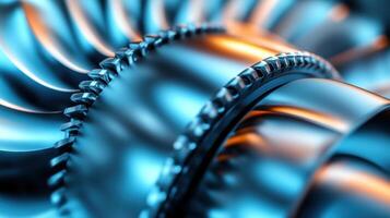 Close-up of intricate metallic gears in blue tones. photo