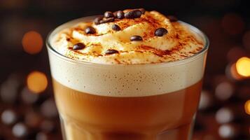 Creamy coffee topped with chocolate and beans. photo