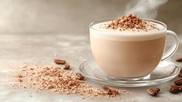 Creamy beverage topped with chocolate and coffee. photo