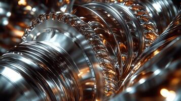 Close-up of metallic gears and machinery components. photo
