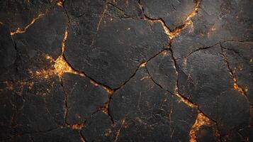 Cracked black surface with glowing fissures. photo
