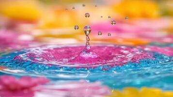 Colorful water splash with flowers in background. photo