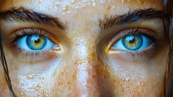 Close-up of mesmerizing, water-drenched eyes. photo