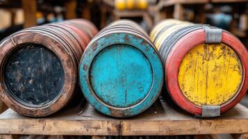 Colorful barrels stacked on a wooden shelf. photo