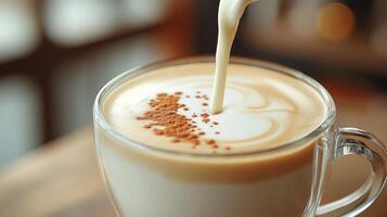 Cream being poured into a coffee cup. closeup shot photo