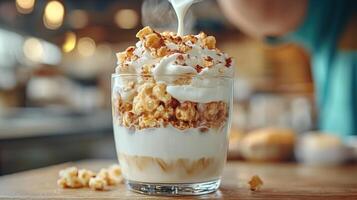 Creamy dessert with popcorn and whipped topping. photo