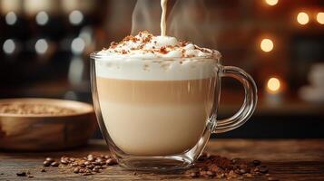 Creamy coffee topped with whipped cream and sprinkles. photo