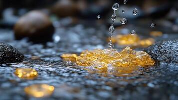 Water droplets splashing on golden rocks. photo