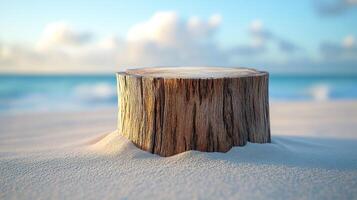 A tree stump on a sandy beach with ocean backdrop. photo