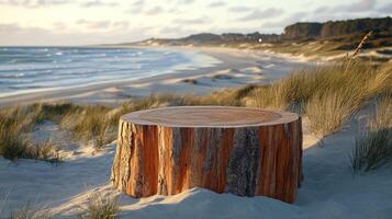 A tree stump on a beach with ocean waves. photo