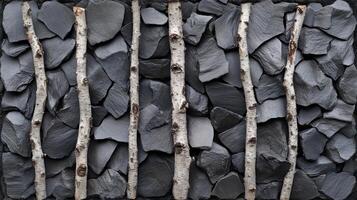 A textured arrangement of slate and birch branches. photo