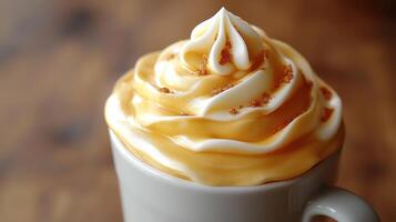Creamy dessert with caramel swirl topping. photo