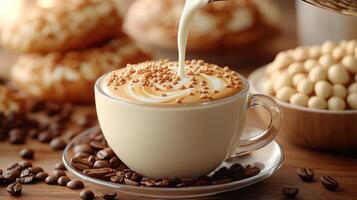 bright Cream being poured into a coffee cup with snacks. photo