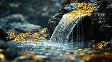 Waterfall with golden leaves and stones. photo
