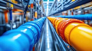 Colorful industrial pipes in a manufacturing setting. photo