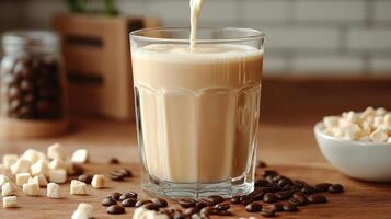 Creamy beverage in a glass with coffee elements. photo