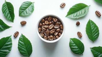 Coffee beans in a bowl surrounded by green leaves. photo