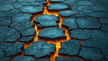 Cracked earth with glowing lava crevices. photo