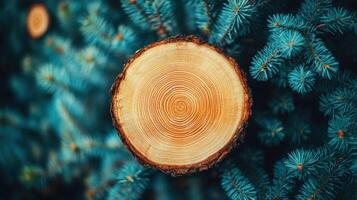 Cross-section of wood surrounded by evergreen branches. photo
