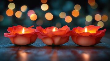 Decorative candles in rose-shaped holders. photo