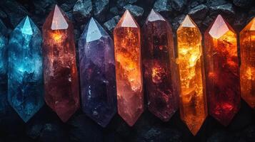 Colorful crystals arranged on a dark surface. photo