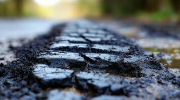 Close-up of tire tracks on wet asphalt. photo