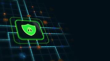 Green 3d shield lock in a rounded rectangle with circuit, connections and blue grid at the left of a dark background, horizontal composition. Loop animation footage for graphic design. video