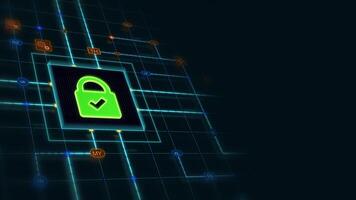 Green 3d checkmark security lock in a square with circuit, connections and blue grid at the left of a dark background, horizontal composition. Loop animation footage for graphic design. video
