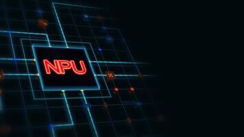 Red 3d NPU in a square with glowing circuit, line connections and blue grid at the left of a dark background, horizontal composition. Loop animation footage for graphic design. video
