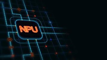 Orange 3d NPU in a rounded rectangle with glowing circuit, line connections and blue grid at the left of a dark background, horizontal composition. Loop animation footage for graphic design. video