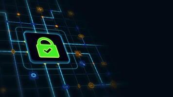 Green 3d checkmark security lock in a rounded rectangle with circuit, connections and blue grid at the left of a dark background, horizontal composition. Loop animation footage for graphic design. video