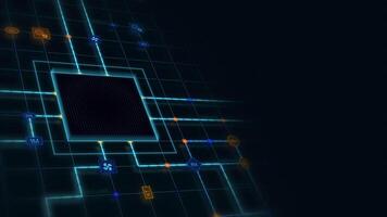 Black 3d chip in a square with glowing circuit, line connections and blue grid at the left of a dark background, horizontal composition. Loop animation footage for graphic design. video
