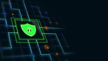 Green 3d shield lock in a square with circuit, connections and blue grid at the left of a dark background, horizontal composition. Loop animation footage for graphic design. video