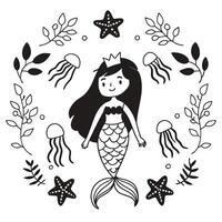 Adorable Little Mermaid Princess with Starfish and Jellyfish in a Floral Frame vector
