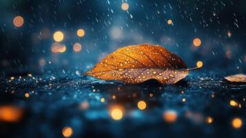 A wet leaf on a surface with rain and bokeh lights. photo