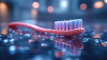 A toothbrush resting on a wet surface with droplets. photo