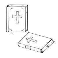 Religious theme first communion design with illustrated holy Bible. Black outlines, white background. Graphic art. Set of two Bibles with cross. For baptism, wedding invitation vector