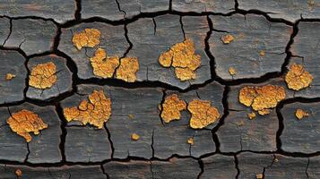 Close-up of cracked wood with golden flakes. photo