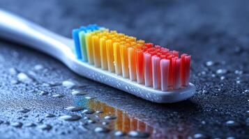 Colorful new toothbrush on a wet surface. photo