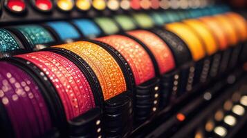 Colorful spools of thread arranged in a display. photo