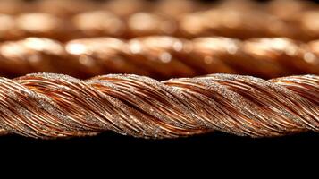 Close-up of twisted copper wire strands. photo